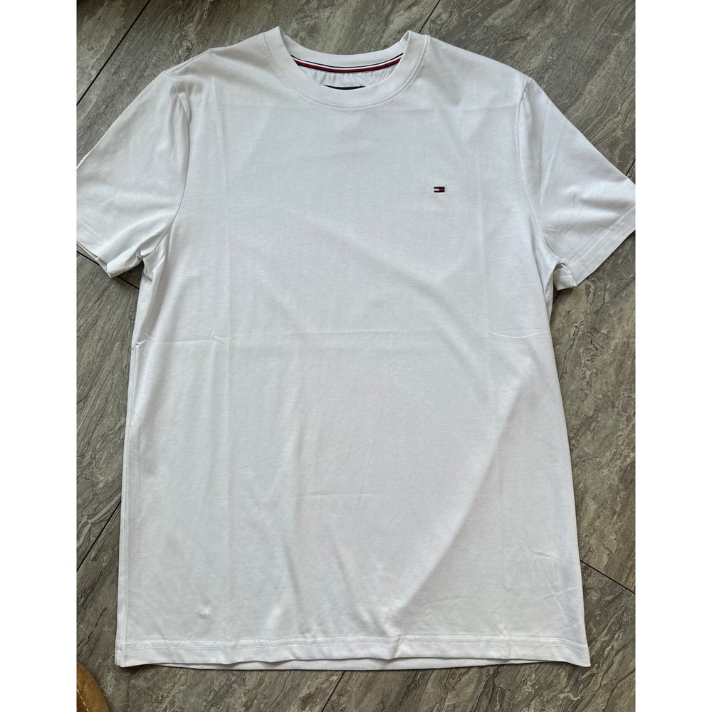 Tommy Hilfiger Mens T Shirt Large White Embroidered Flag Logo Crew Cotton 347